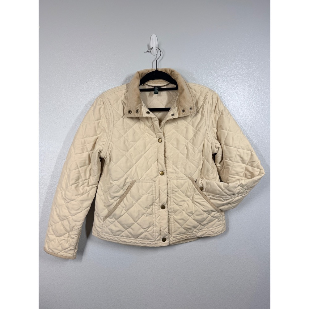 Lauren Ralph Lauren Jacket Women's Large Beige Tan Quilted Corduroy Trim‎ Preppy